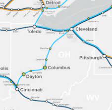 Part of Amtraks Connect US map showing the proposed rail services in Ohio